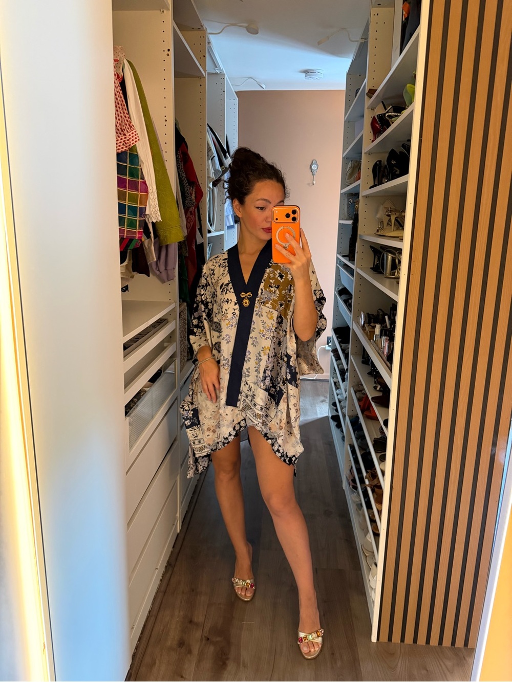 Floral Kimono-Style Robe with Navy Trim